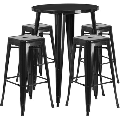 black metal industrial style restaurant bar table with stools