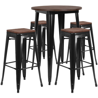 black metal restaurant bar table and stools with wood seats