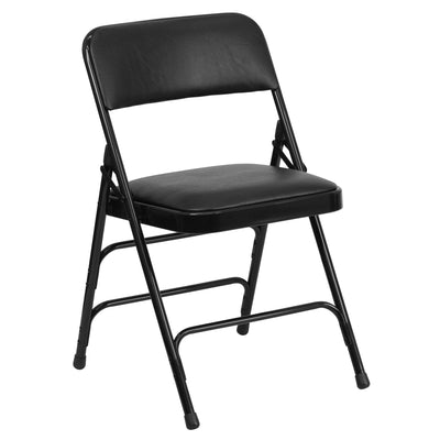 black metal folding chair with vinyl seat