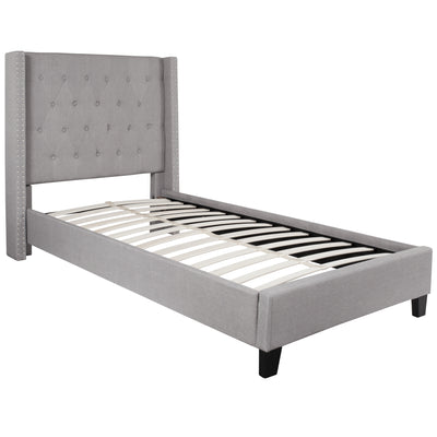 gray tufted headboard, bed and frame