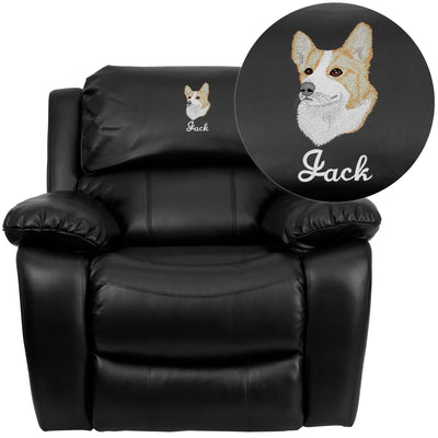black leather recliner with custom embroidery