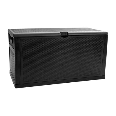 black plastic patio storage box