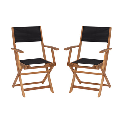 folding wood patio chairs with black fabric back and seat
