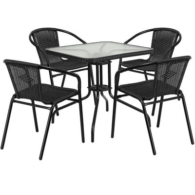 black patio chairs with glass top table
