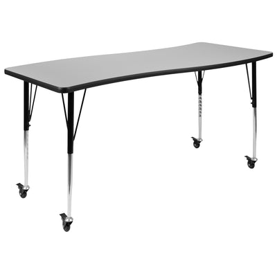 gray activity table with adjustable legs and casters