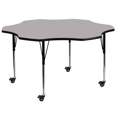 gray flower shaped activity table with adjustable legs and casters