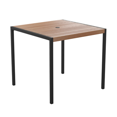 black metal frame outdoor dining table with teak poly slats