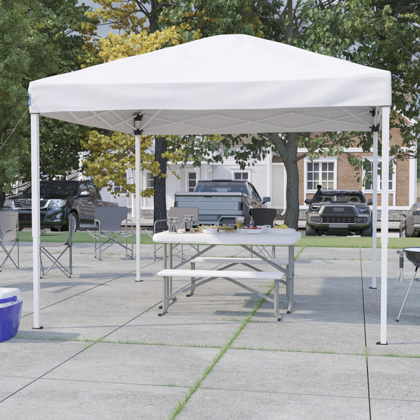 White |#| 10' x 10' White Pop Up Canopy with Carry Bag and Folding Table with Benches Set