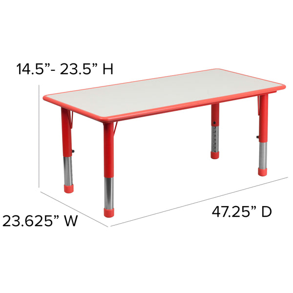 Red |#| 23.625inchW x 47.25inchL Rectangular Red Plastic Activity Table with Grey Top