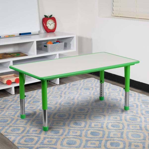 Green |#| 23.625inchW x 47.25inchL Rectangular Green Plastic Activity Table with Grey Top