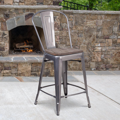 24" High Counter Height Stool with Back and Wood Seat - View 2