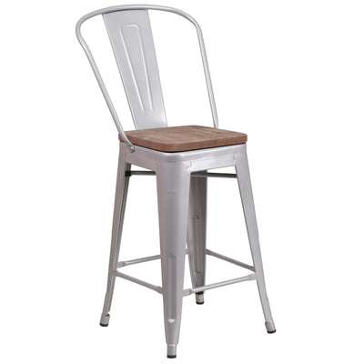 24" High Metal Counter Height Stool with Back and Wood Seat - View 1