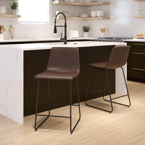 Dark Brown |#| Set of 2 Kitchen Counter Height Stool - 24 Inch Dark Brown LeatherSoft Barstool