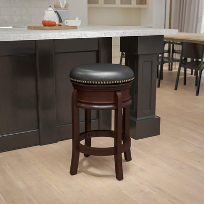 24'' High Backless Wood Counter Height Stool with Carved Apron and LeatherSoftSoft Swivel Seat