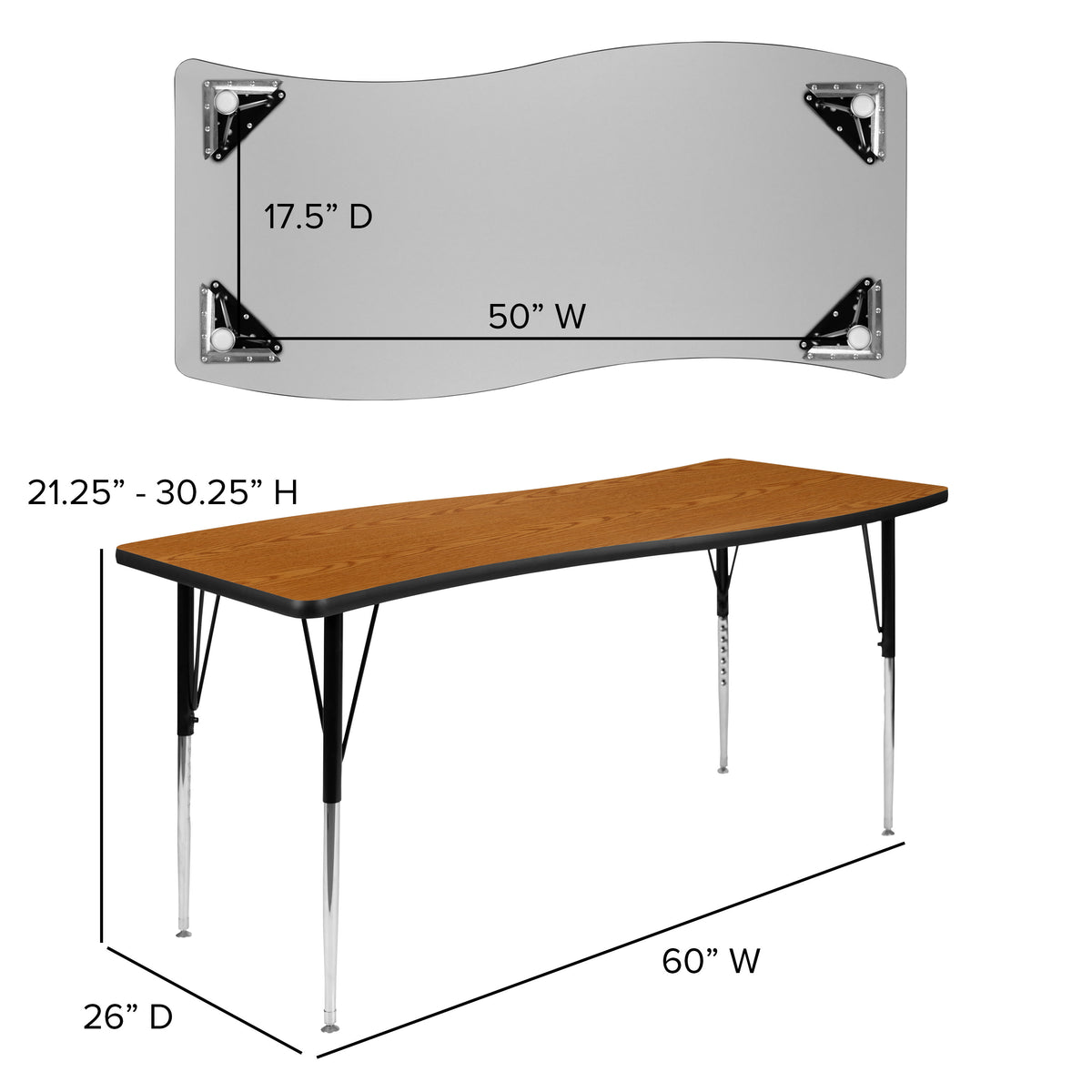 Oak |#| 26inchW x 60inchL Rectangular Wave Collaborative Oak Adjustable Height Activity Table