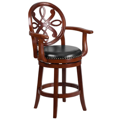 26'' High Wood Counter Height Stool with Arms, Carved Back and LeatherSoft Swivel Seat