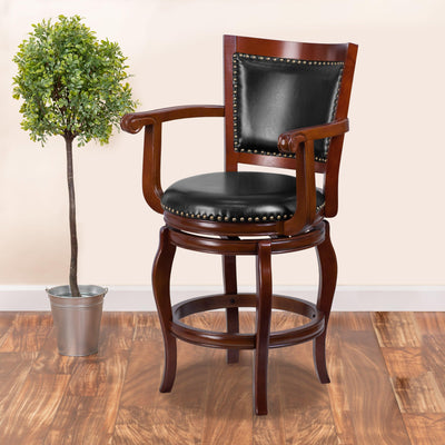 26'' High Wood Counter Height Stool with Arms, Panel Back and LeatherSoft Swivel Seat