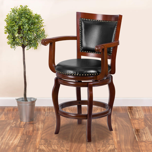 26inch High Cherry Wood Stool w/Arms, Panel Back &Black LeatherSoft Swivel Seat