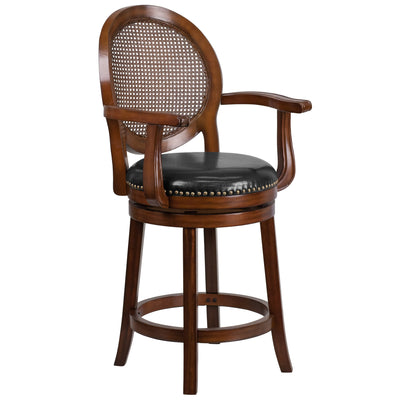 26'' High Wood Counter Height Stool with Arms, Woven Rattan Back and LeatherSoft Swivel Seat