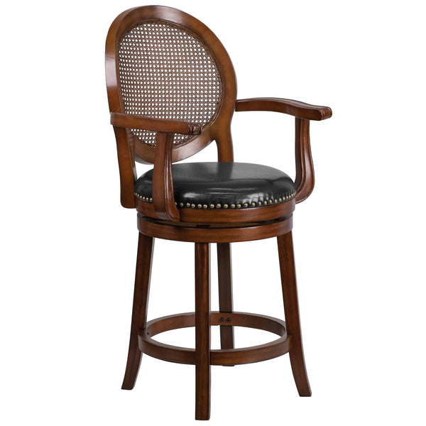 26inch High Expresso Stool w/ Arms, Woven Rattan Back & Black LeatherSoft Seat