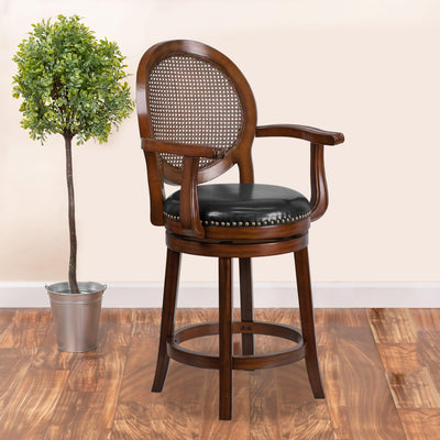 26'' High Wood Counter Height Stool with Arms, Woven Rattan Back and LeatherSoft Swivel Seat
