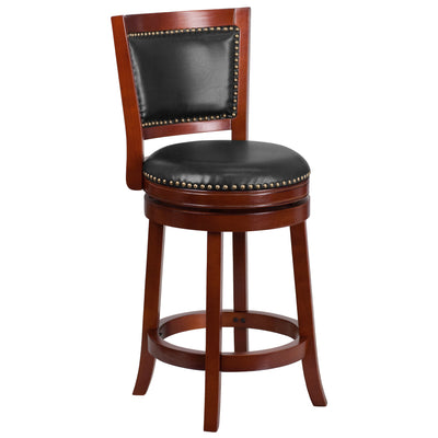 26'' High Wood Counter Height Stool with Open Panel Back and LeatherSoft Swivel Seat