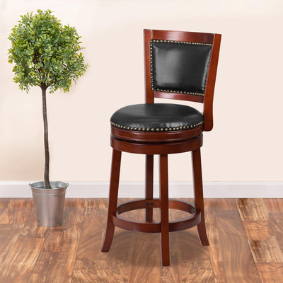 26'' High Wood Counter Height Stool with Open Panel Back and LeatherSoft Swivel Seat