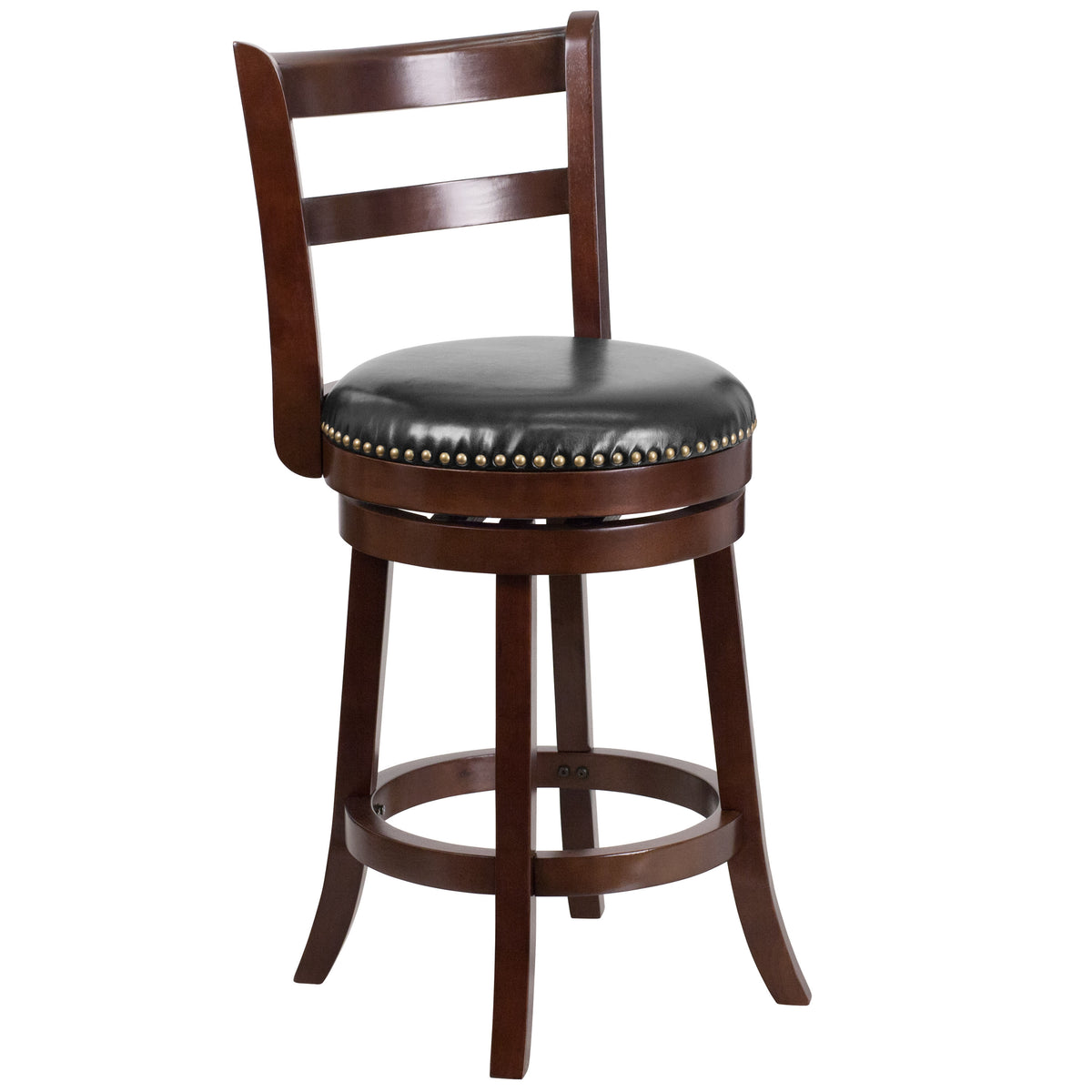 26inch High Cappuccino Wood Stool with Ladder Back & Black LeatherSoft Swivel Seat