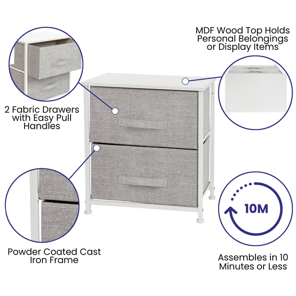 Gray Drawers/White Frame |#| 2 Drawer Storage Stand with White Wood Top & Light Gray Fabric Pull Drawers