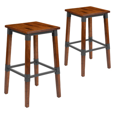 2 Pack Rustic Antique Industrial Wood Dining Backless Barstool
