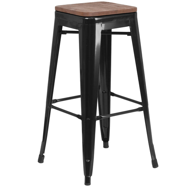 Black |#| 30inch High Backless Black Metal Barstool with Square Wood Seat