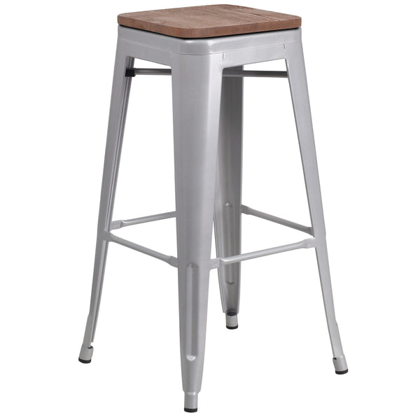 Silver |#| 30inch High Backless Silver Metal Barstool w/ Square Wood Seat - Kitchen Furniture