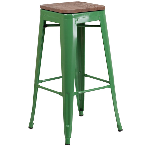 Green |#| 30inch High Backless Green Metal Barstool with Square Wood Seat - Kitchen Furniture