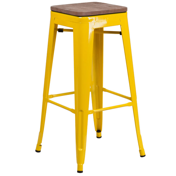 Yellow |#| 30inch High Backless Yellow Metal Barstool w/ Square Wood Seat - Kitchen Furniture