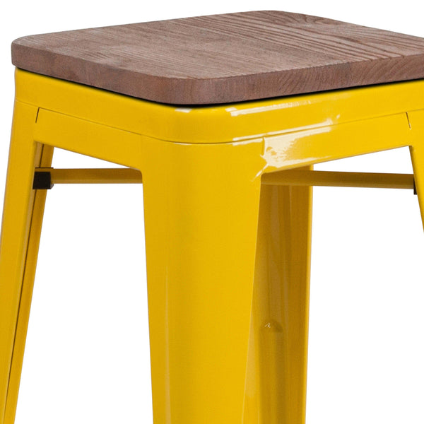 Yellow |#| 30inch High Backless Yellow Metal Barstool w/ Square Wood Seat - Kitchen Furniture