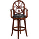 Cherry |#| 30inch High Cherry Wood Barstool with Arms, Carved Back & Black LeatherSoft Seat