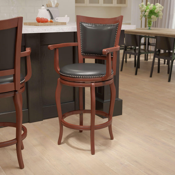 30inch High Cherry Wood Barstool with Arms, Panel Back & Black LeatherSoft Seat