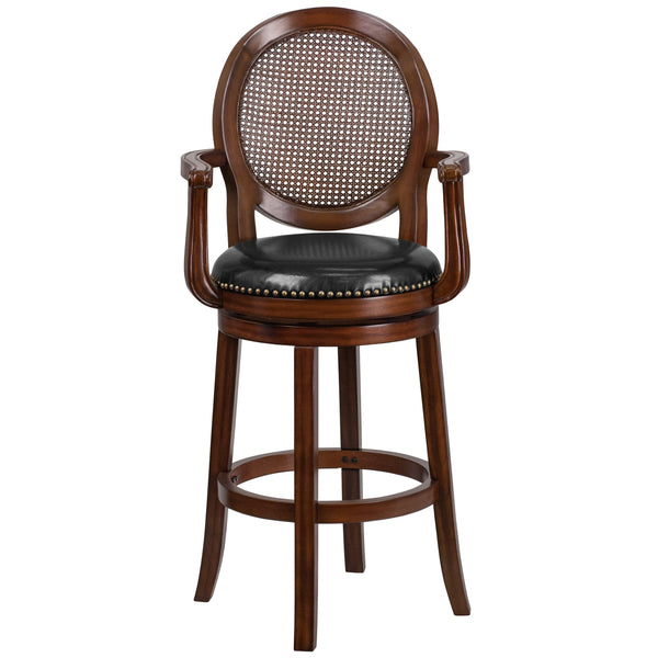 30inch High Expresso Barstool with Arms, Woven Rattan Back & Black LeatherSoft Seat