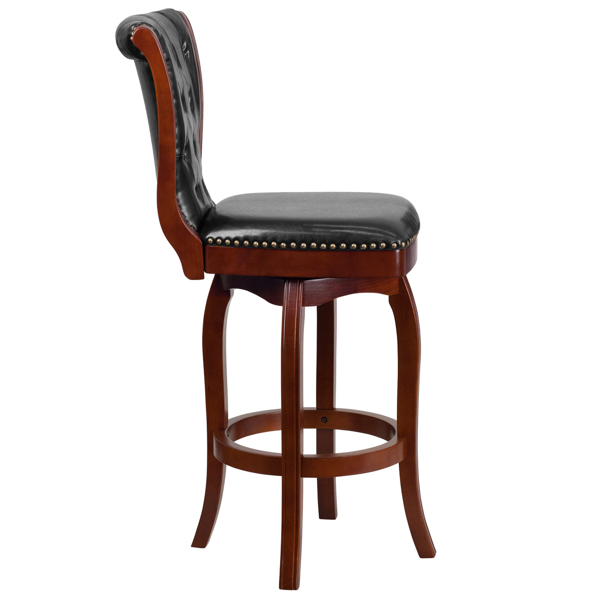 Cherry |#| 30inch High Cherry Wood Barstool with Button Tufted Back & Black LeatherSoft Seat