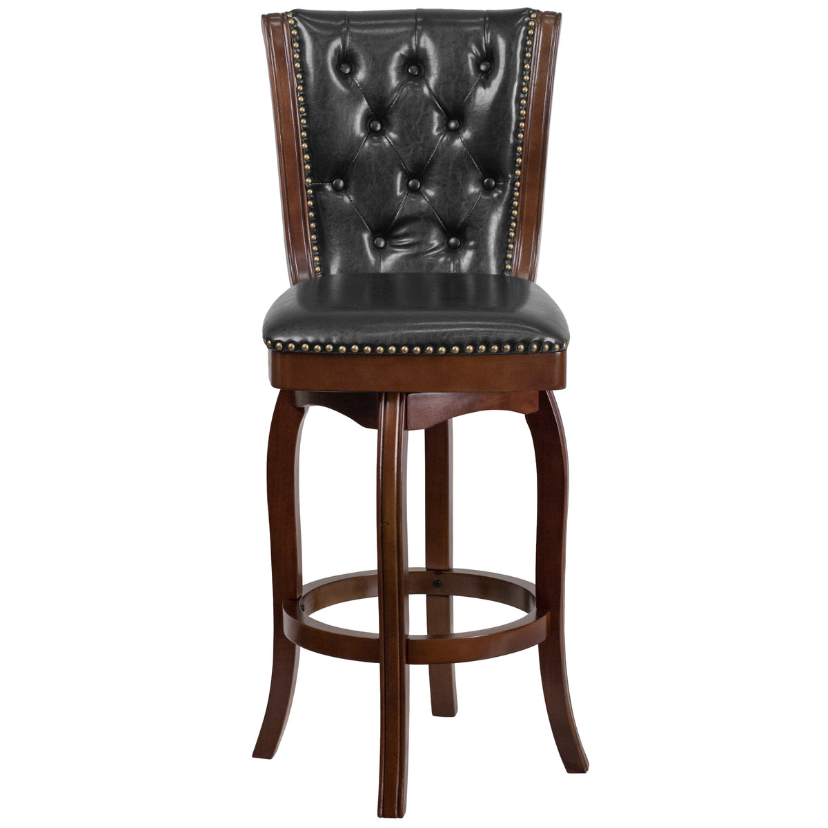 Cappuccino |#| 30inch High Cappuccino Wood Barstool w/Tufted Back & Black LeatherSoft Swivel Seat