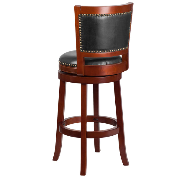 Dark Cherry |#| 30inch High Dk Cherry Wood Barstool with Open Panel Back & Walnut LeatherSoft Seat