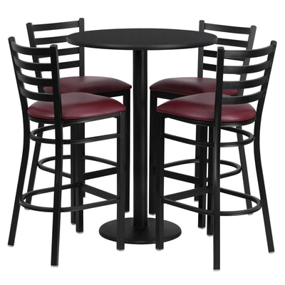 30'' Round Laminate Table Set with Round Base and 4 Ladder Back Metal Barstools