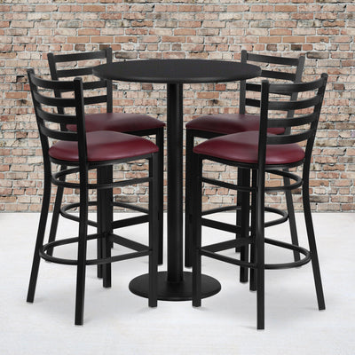 30'' Round Laminate Table Set with Round Base and 4 Ladder Back Metal Barstools
