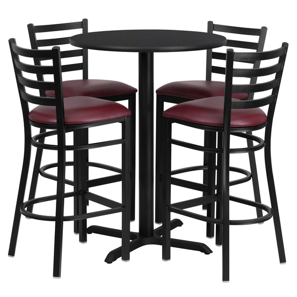 Black Top/Burgundy Vinyl Seat |#| 30inch Round Black Laminate Table with X-Base and 4 Ladder Back Metal Barstools