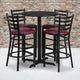 Black Top/Burgundy Vinyl Seat |#| 30inch Round Black Laminate Table with X-Base and 4 Ladder Back Metal Barstools