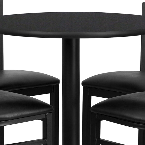 Black Top/Black Vinyl Seat |#| 30inch Round Black Laminate Table with X-Base and 4 Ladder Back Metal Barstools