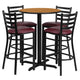 Natural Top/Burgundy Vinyl Seat |#| 30inch Round Natural Laminate Table with X-Base and 4 Ladder Back Metal Barstools