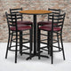 Natural Top/Burgundy Vinyl Seat |#| 30inch Round Natural Laminate Table with X-Base and 4 Ladder Back Metal Barstools