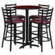 Mahogany Top/Burgundy Vinyl Seat |#| 30inch Round Mahogany Laminate Table with X-Base and 4 Ladder Back Metal Barstools