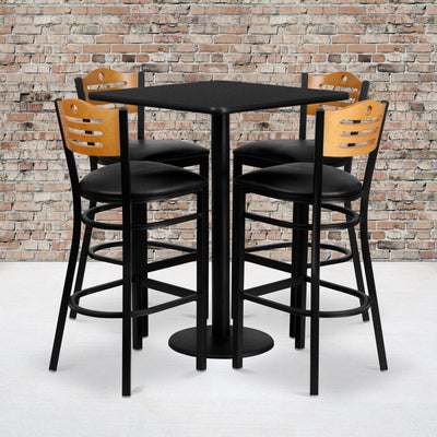 30'' Square Laminate Table Set with 4 Wood Slat Back Metal Barstools